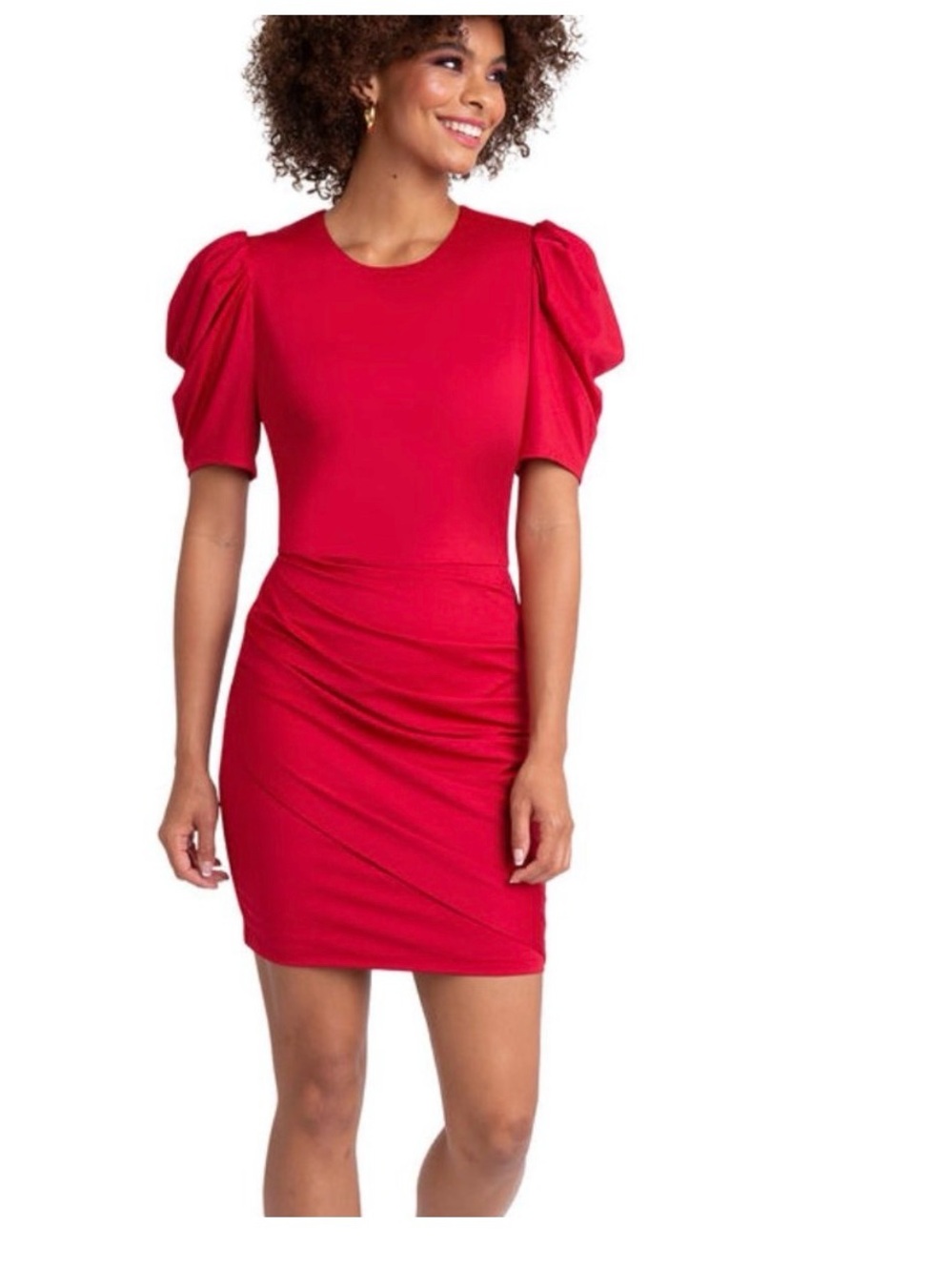 Black Halo Bright Red Puff-Sleeve Ruched Mini Dress